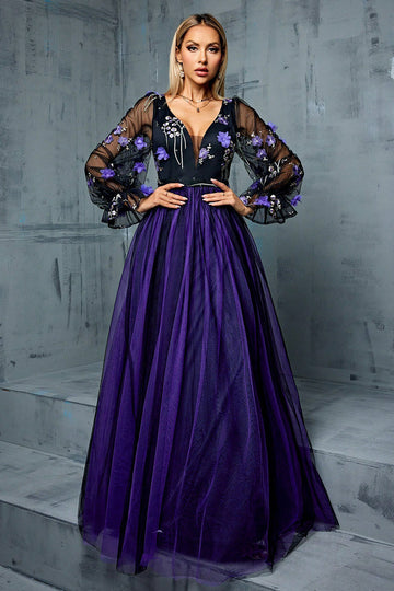 Blomster Navy En linje Lang Tyl Mor Kjole